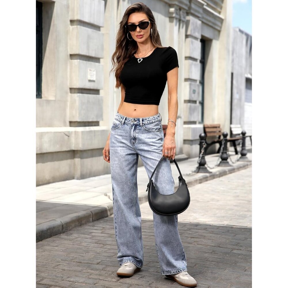 Women's Low-Rise Baggy Jeans Cotton Blend High Stretch Wide Leg Style - Picture 5 of 6
